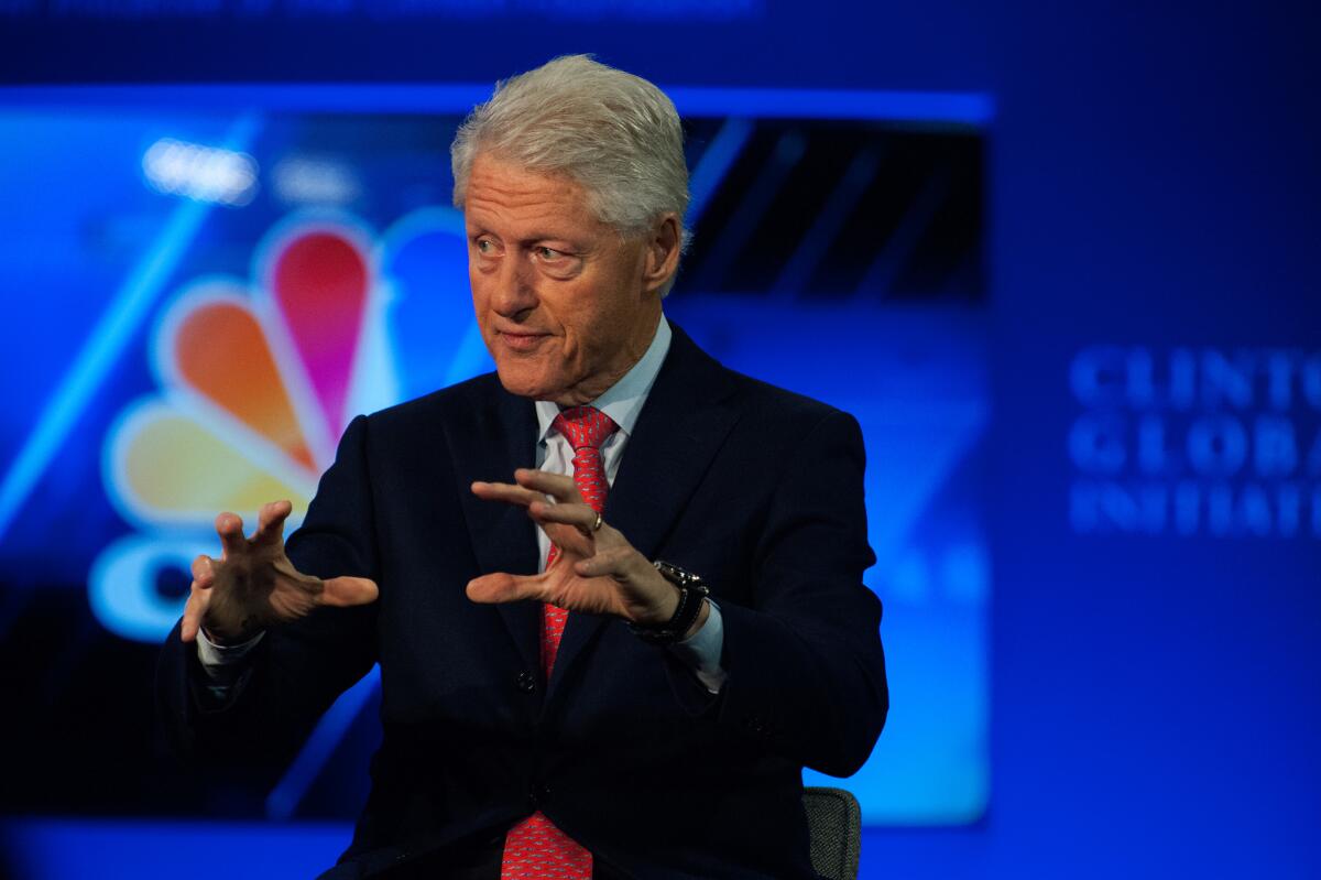 NEW YORK, NY - SEPTEMBER 28: Former U.S. President Bill Clinton speaks with CNBC's Becky Quick during the Clinton Global Initiative Annual Meeting at the Sheraton Hotel and Towers on September 28, 2015 in New York City. The Clinton Global Initiative, happening simultaneously with the United Nation's General Assembly, invites leaders from politics, business, and culture to discuss world issues. (Photo by Bryan Thomas/Getty Images) ** OUTS - ELSENT, FPG, CM - OUTS * NM, PH, VA if sourced by CT, LA or MoD **