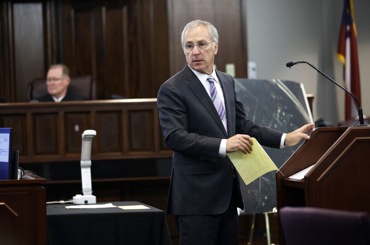 Defense attorney Robert Rubin speaks during the trial of William "Roddie" Bryan, Travis McMichael and Gregory McMichael, charged with the February 2020 death of 25-year-old Ahmaud Arbery, at the Gwynn County Superior Court, in Brunswick, Ga., Friday, Nov. 5, 2021. (Octavio Jones/Pool Photo via AP)