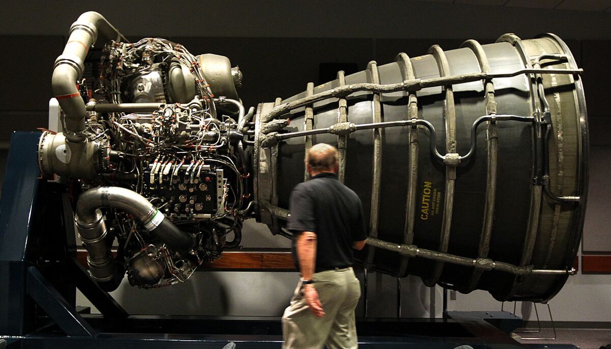 A space shuttle main engine is on display at the Aerojet Rocketdyne facility in Canoga Park.