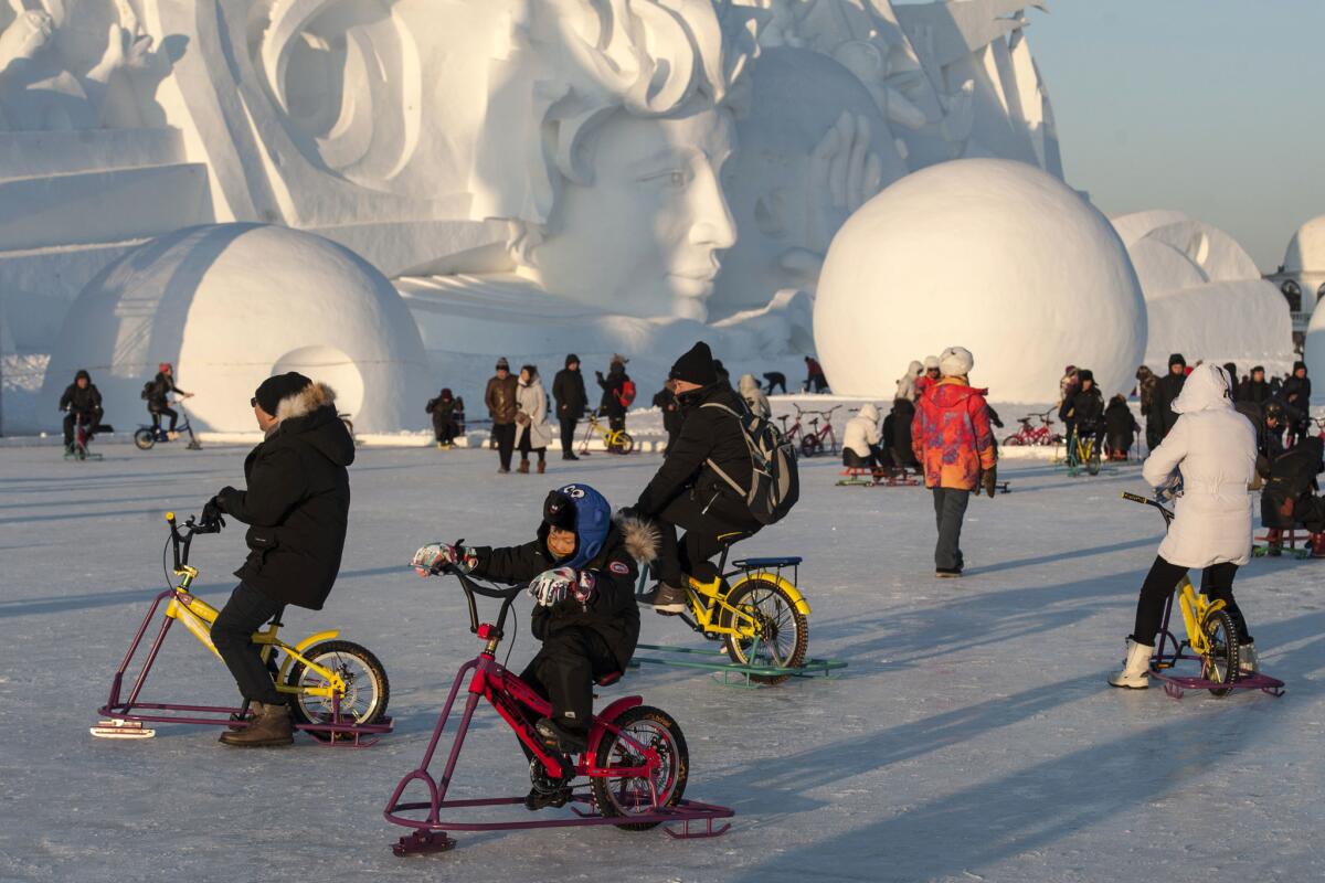 Tourists visit the Harbin International Snow Sculpture Art Expo at Harbin Sun Island park in Harbin, China.