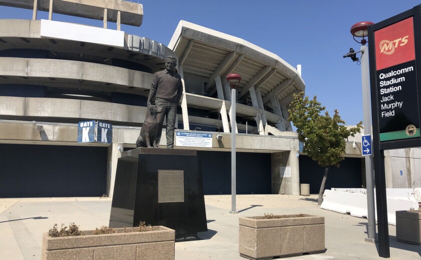 Statue of former San Diego Union sports editor Jack Murphy and his dog, Abe of Spoon River, will be relocated to new stadium.