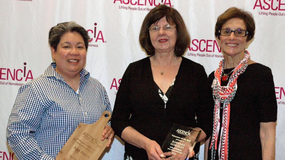 Top Guest Chef Aren Blanco, from left, Volunteer of the Year Barbara Gormley and Ascencia Board President Debbie Hinckley.