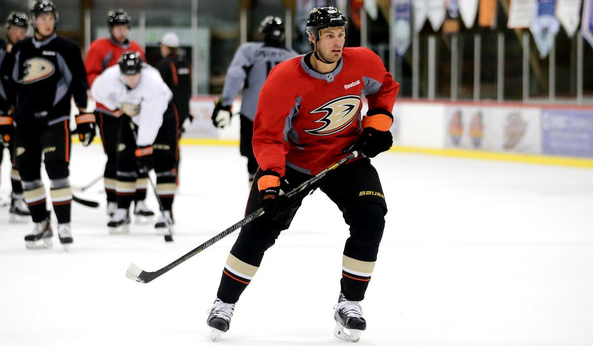 Ducks captain Ryan Getzlaf takes part in a drill during the team's first practice Friday in Anaheim.