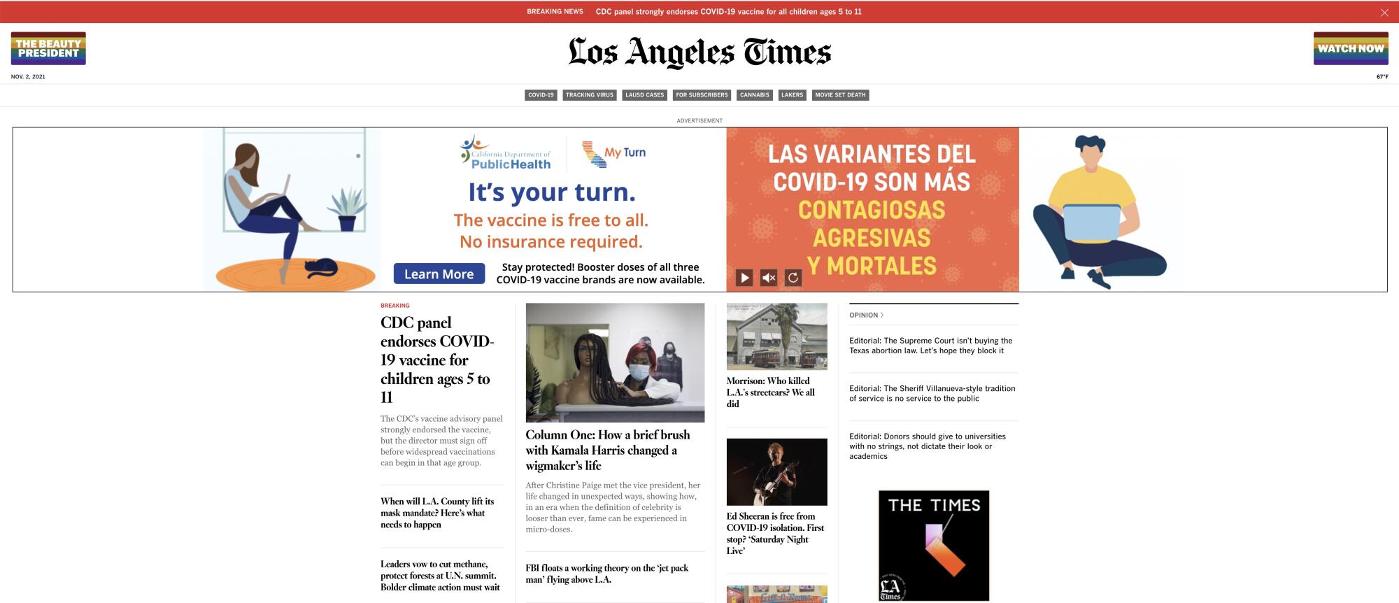 The homepage of the Los Angeles Times