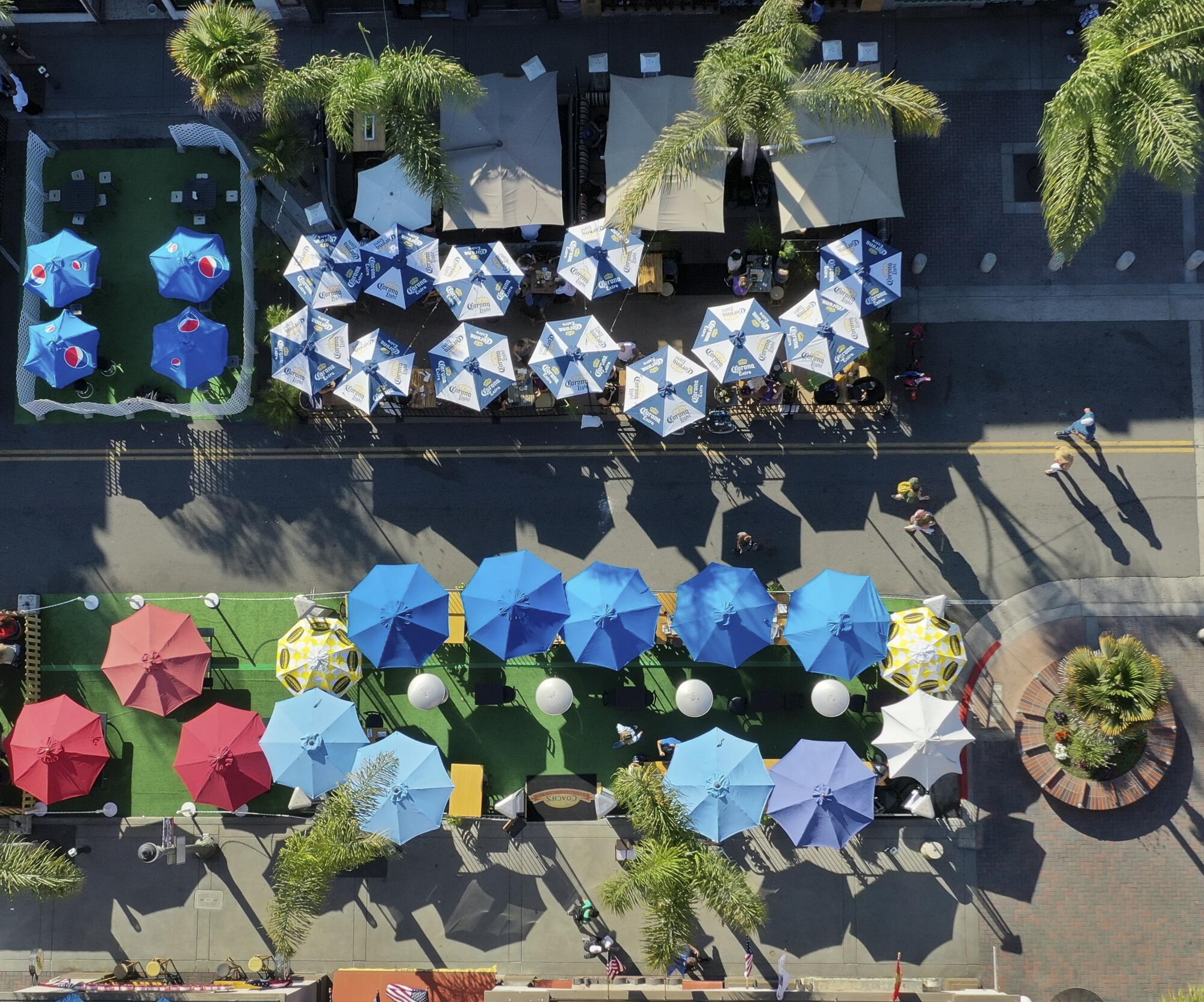 Dining under umbrellas in Huntington Beach