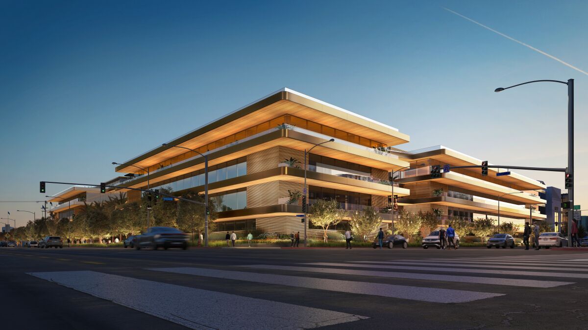 A rendering of a large office building on a city street.