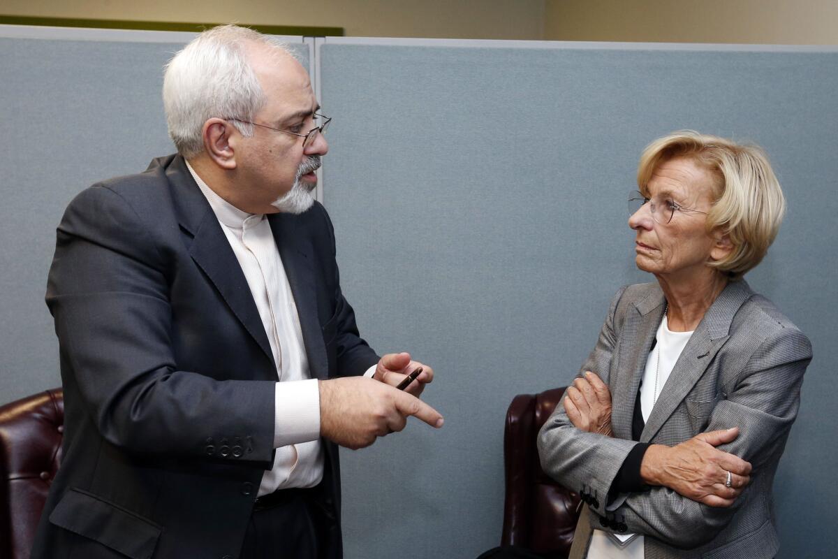Iranian Foreign Minister Mohammad Javad Zarif meets with Italian Foreign Minister Emma Bonino on Monday. Zarif is scheduled to meet Thursday with Secretary of State John Kerry.