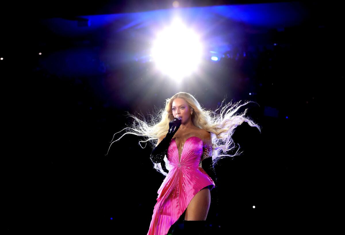 Beyoncé performing at SoFi Stadium.