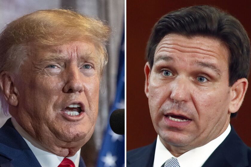 FILE - This combination of the photos shows former President Donald Trump, left, and Florida Gov. Ron DeSantis, right. DeSantis’ allies are gaining confidence in his White House prospects as former President Donald Trump’s legal woes mount. Trump, a 2024 Republican presidential candidate, is facing possible criminal charges in New York, Georgia and Washington. The optimism around DeSantis comes even as a collection of Republican officials and MAGA influencers raise concerns about the Florida governor’s readiness for national stage. (AP Photo/File)