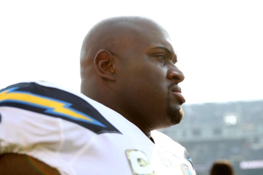 OAKLAND, CA - NOVEMBER 11: Brandon Mebane #92 of the Los Angeles Chargers is seen during their NFL game against the Oakland Raiders at Oakland-Alameda County Coliseum on November 11, 2018 in Oakland, California. (Photo by Ezra Shaw/Getty Images) ** OUTS - ELSENT, FPG, CM - OUTS * NM, PH, VA if sourced by CT, LA or MoD **