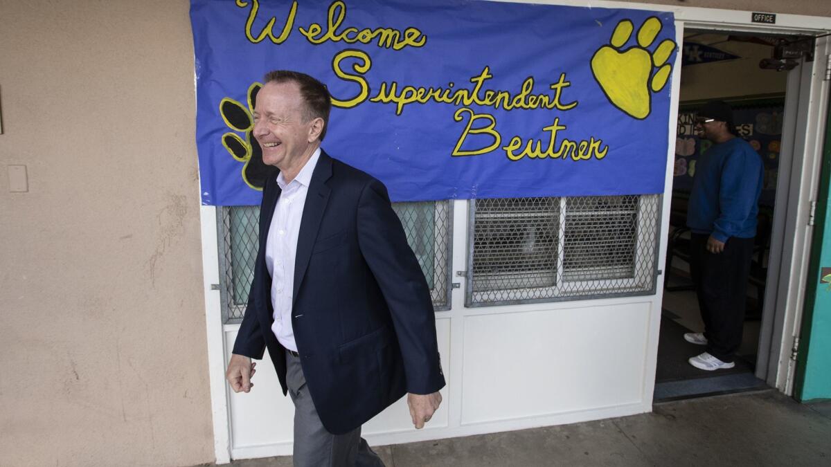 New Los Angeles Unified Supt. Austin Beutner tours Napa Street Elementary on his first official day on the job.