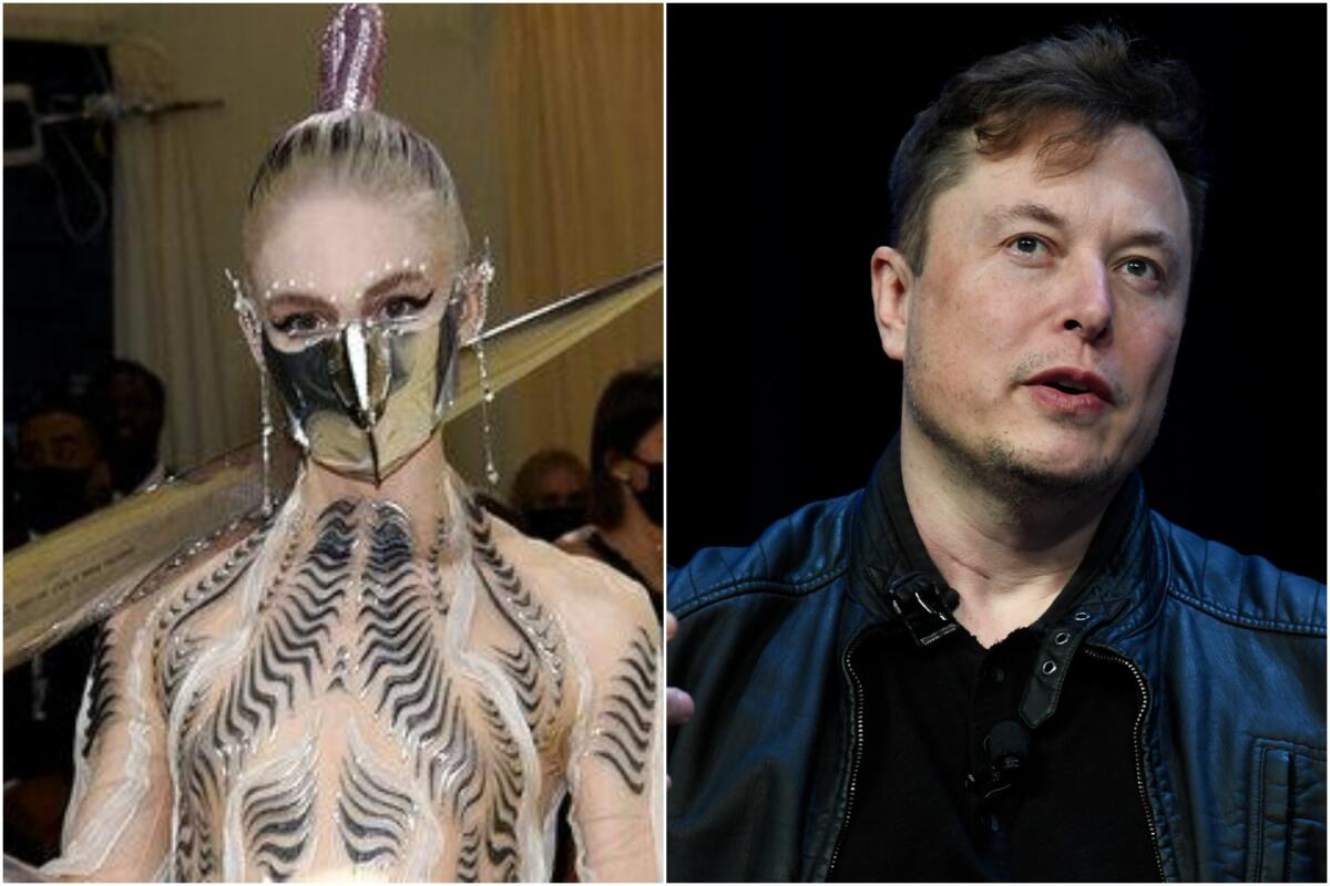 Separate images of Grimes in a silver face mask and sword on her shoulder and Elon Musk in a blue jacket and black shirt