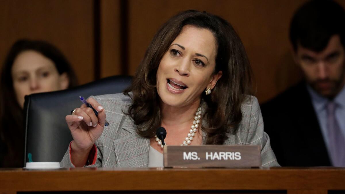 Sen. Kamala Harris questions Atty. Gen. Jeff Sessions during his testimony before the Senate Intelligence Committee on June 13.