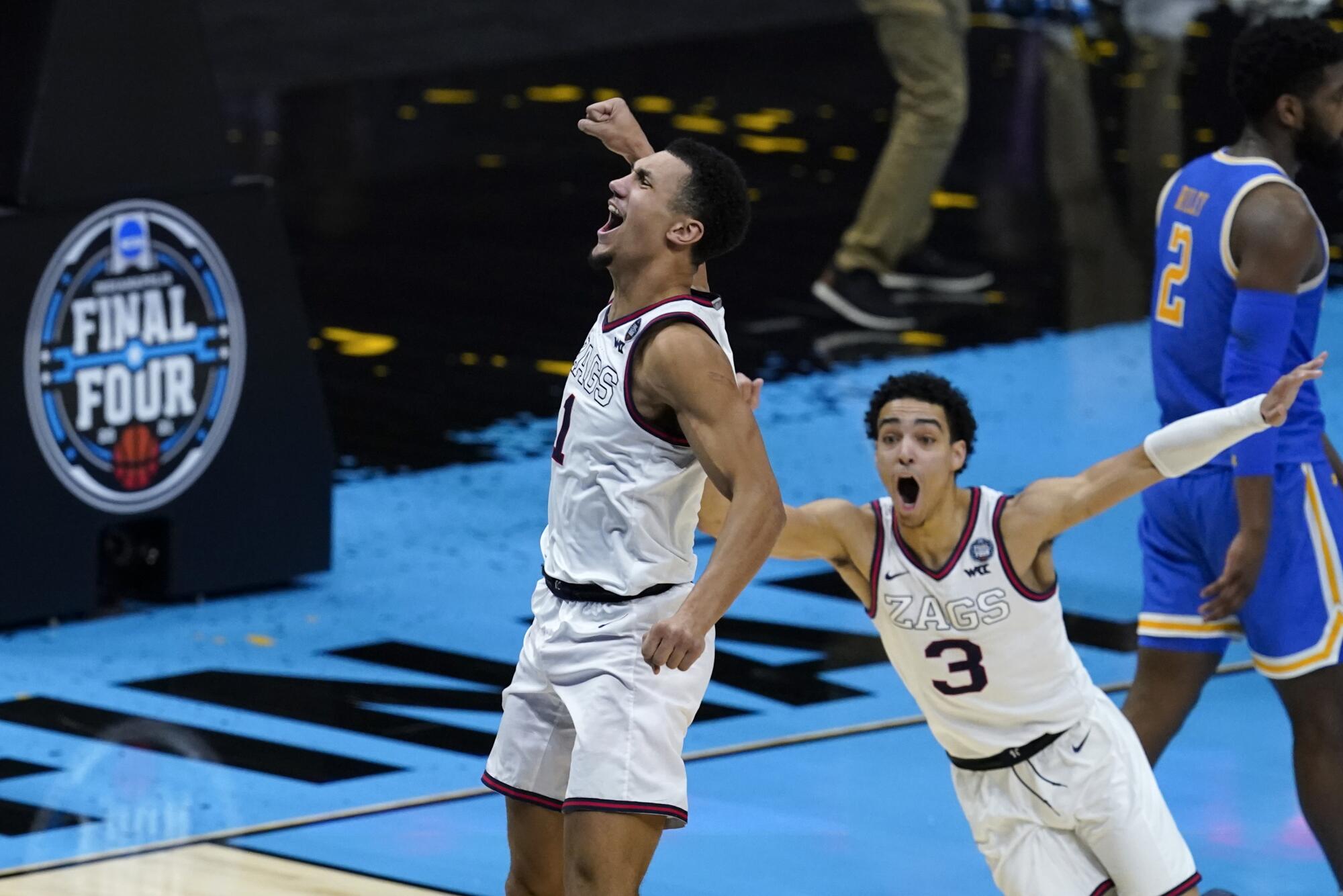 Gonzaga guard Jalen Suggs celebrates after making the game-winning basket against UCLA during the NCAA tournament.