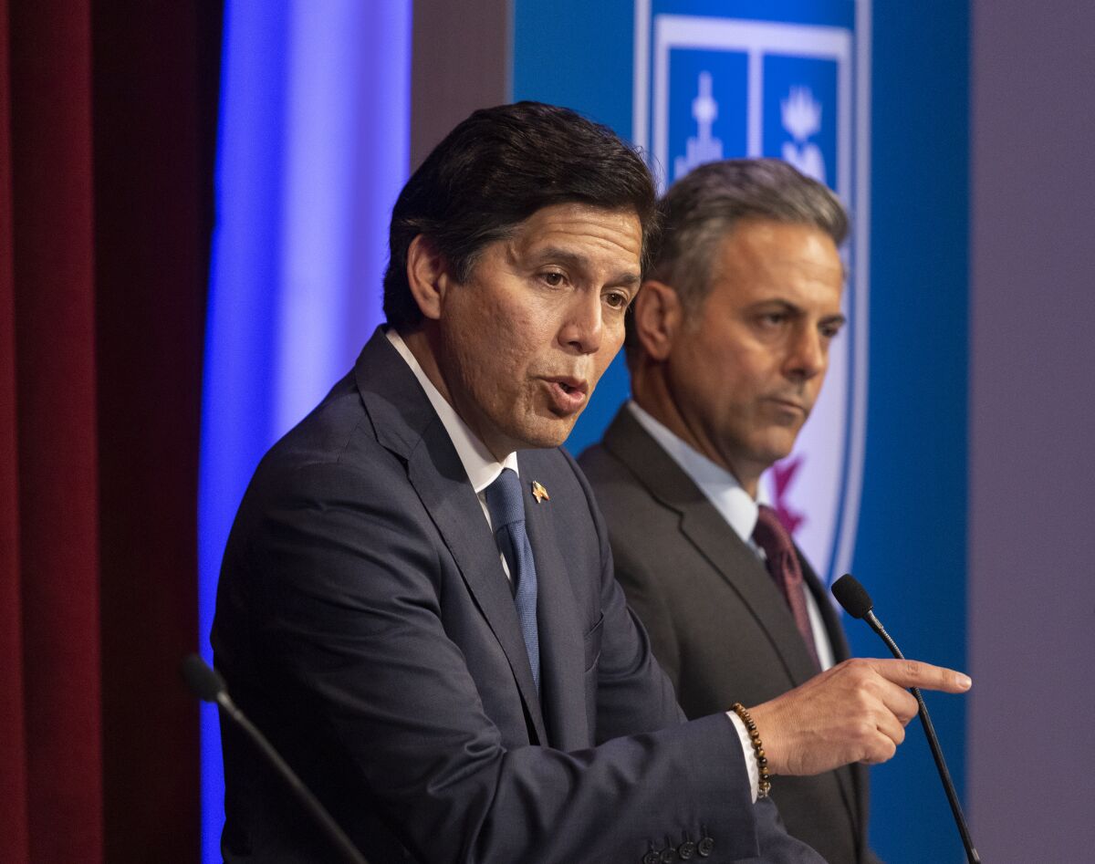 Kevin de León answers questions at the first Los Angeles mayoral debate held at Loyola Marymount University last month. 