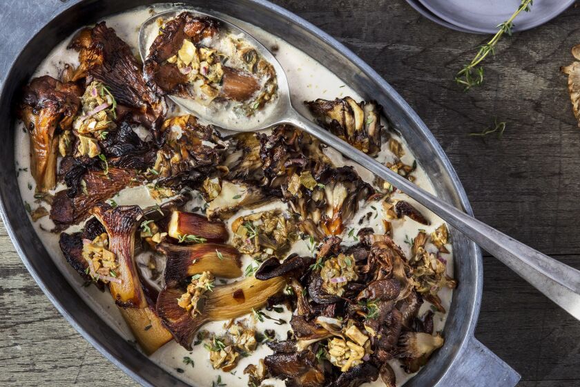 LOS ANGELES, CALIFORNIA - Jan. 2, 2020: A recipe for Ben Mims' Sunday Cook series: Roast Mushrooms with Stroganoff Cream, photographed on Thursday, Jan. 2, 2020, at PropLink studio in Arts District, Los Angeles. Food Stylist: Ben Mims, Prop Stylist: Kate Parisian. (Silvia Razgova / For The Times) Assignment ID: 476949