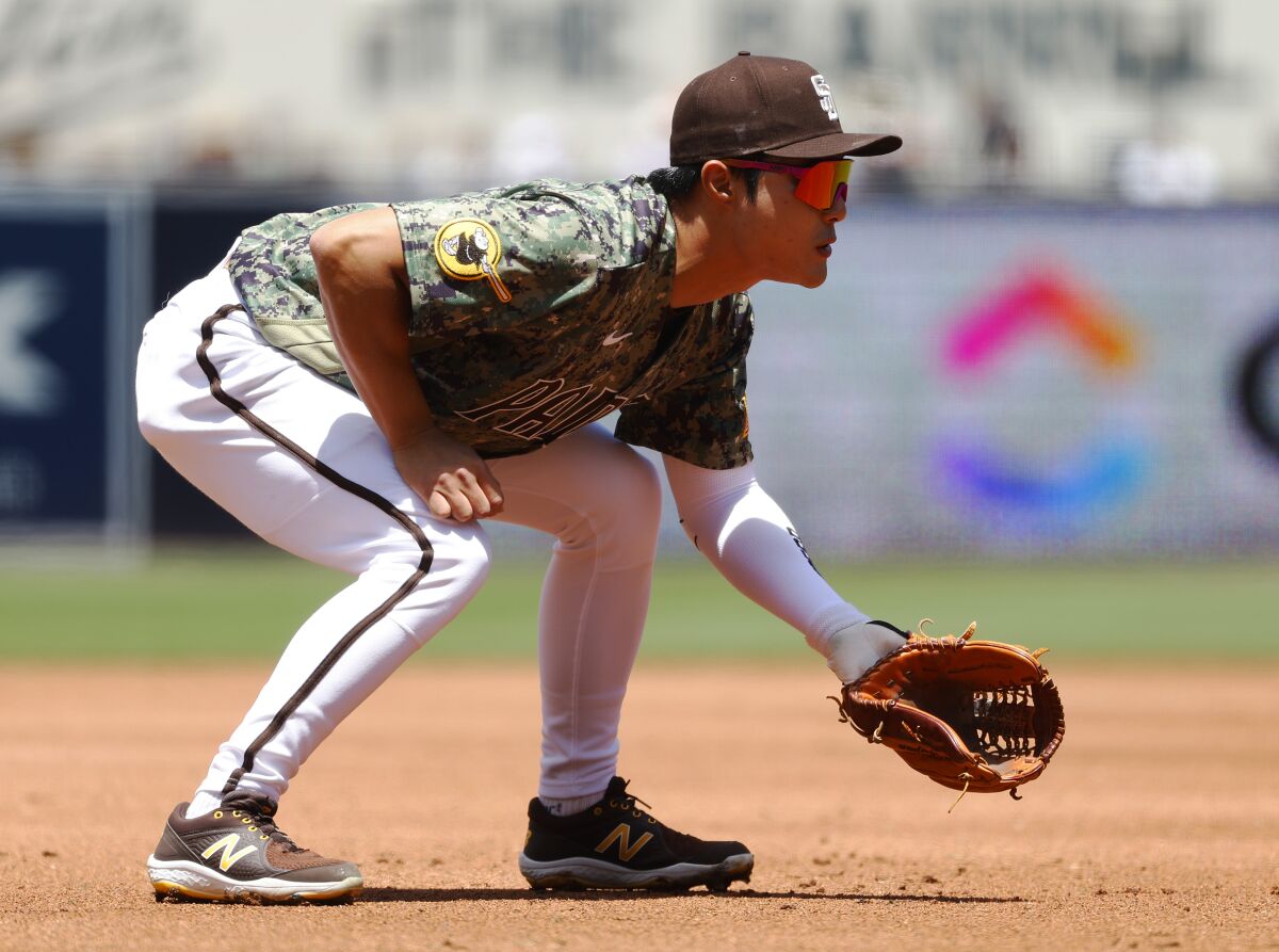 Padres infielder Ha-Seong Kim prepares for a pitch during a recent series against the Pirates at Petco Park.
