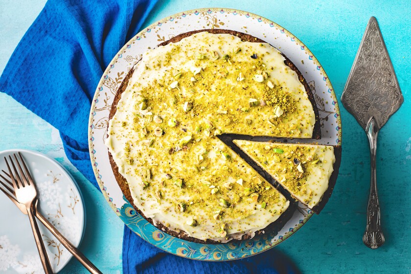 Overhead photo of Olive Oil Pistachio Cake with Olive Oil Frosting.