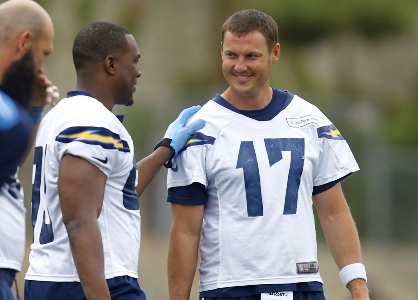 San Diego Chargers Antonio Gates and Philip Rivers (17) joke during mini camp in San Diego on June 14, 2016.