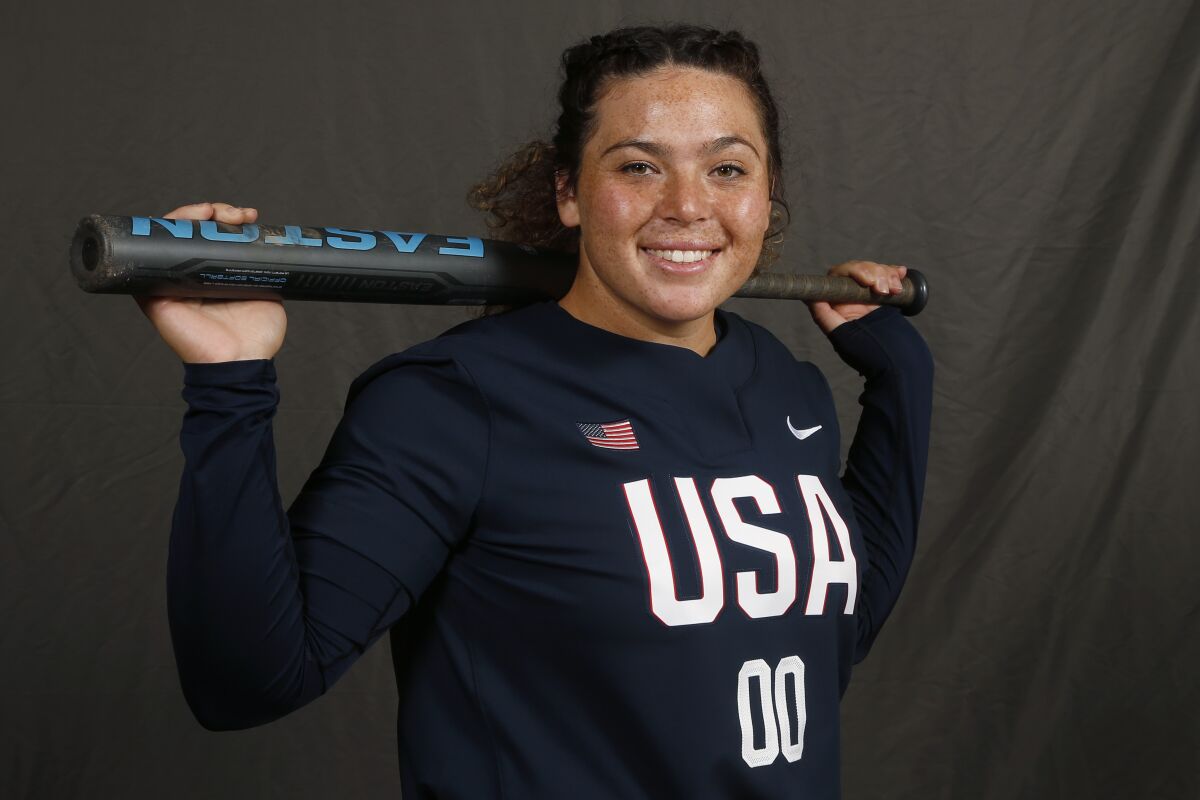 FILE - In this Oct. 7, 2019, file photo, pitcher Rachel Garcia poses for a photo during media day at the USA Softball Women's Olympic Team Selection Trials in Oklahoma City. United States Olympian Garcia highlights the 12 players chosen in Athletes Unlimited’s first softball draft. (AP Photo/Sue Ogrocki, File)
