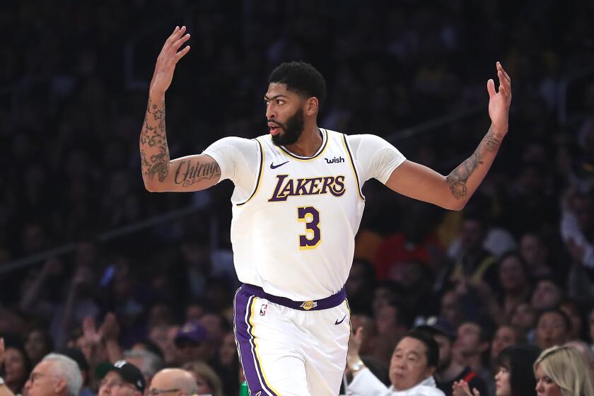 LOS ANGELES, CALIFORNIA - OCTOBER 27: Anthony Davis #3 of the Los Angeles Lakers looks on after a shot during the first half of a game against the Charlotte Hornets at Staples Center on October 27, 2019 in Los Angeles, California. (Photo by Sean M. Haffey/Getty Images)