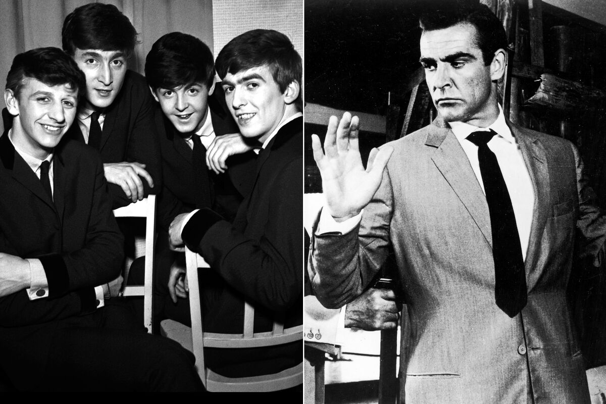 The Beatles in 1962 and Sean Connery as James Bond in a scene from "Dr. No" in the same year.