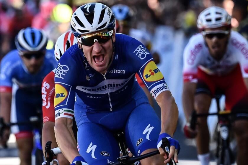 Italy's Elia Viviani reacts as he crosses the finish line at the end of the fourth stage of the 106th edition of the Tour de France cycling race between Reims and Nancy, in Nancy, eastern France, on July 9, 2019. (Photo by JEFF PACHOUD / AFP)JEFF PACHOUD/AFP/Getty Images ** OUTS - ELSENT, FPG, CM - OUTS * NM, PH, VA if sourced by CT, LA or MoD **