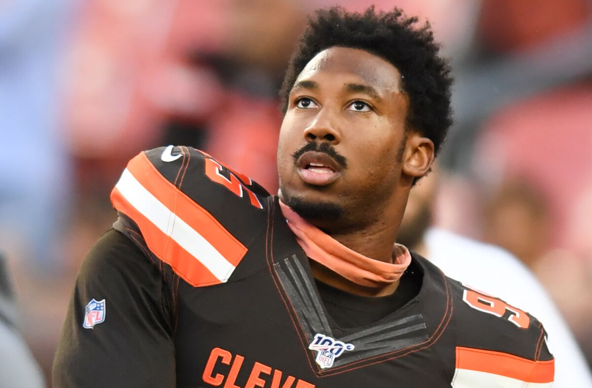 Cleveland Browns defensive end Myles Garrett before a preseason game against the Detroit Lions on Aug. 29, 2019, at FirstEnergy Stadium in Cleveland.