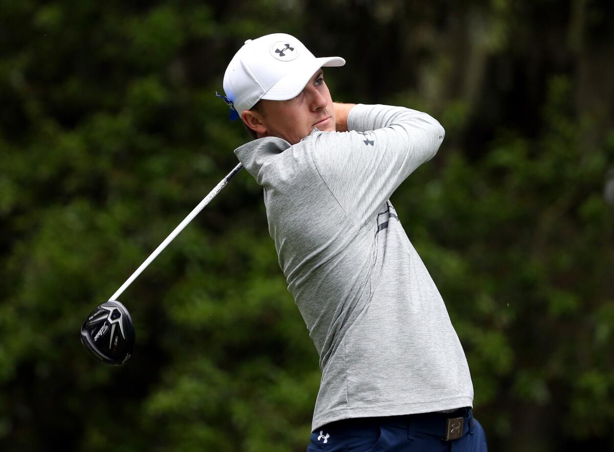 Jordan Spieth watches his tee shot on the 15th hole during the second round of the RBC Heritage at Harbour Town Golf Links in South Carolina on April 17.