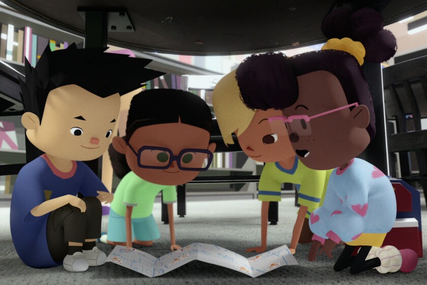 Four children look at a map in an animated still.