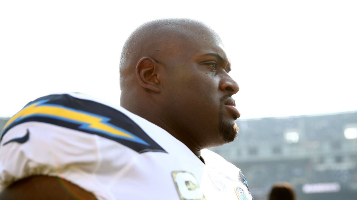 Chargers' Brandon Mebane is seen during a game against the Oakland Raiders on Nov. 11, 2018 in Oakland.