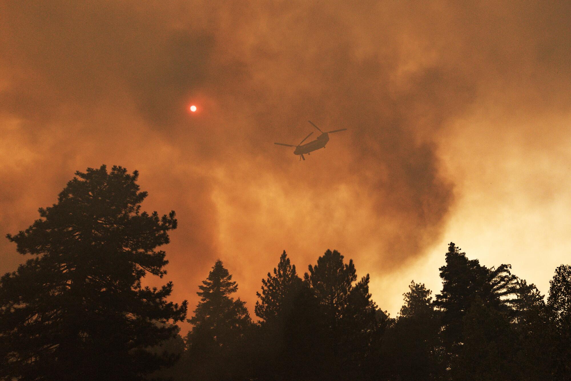 A helicopter in a smoke-filled orange sky above trees.