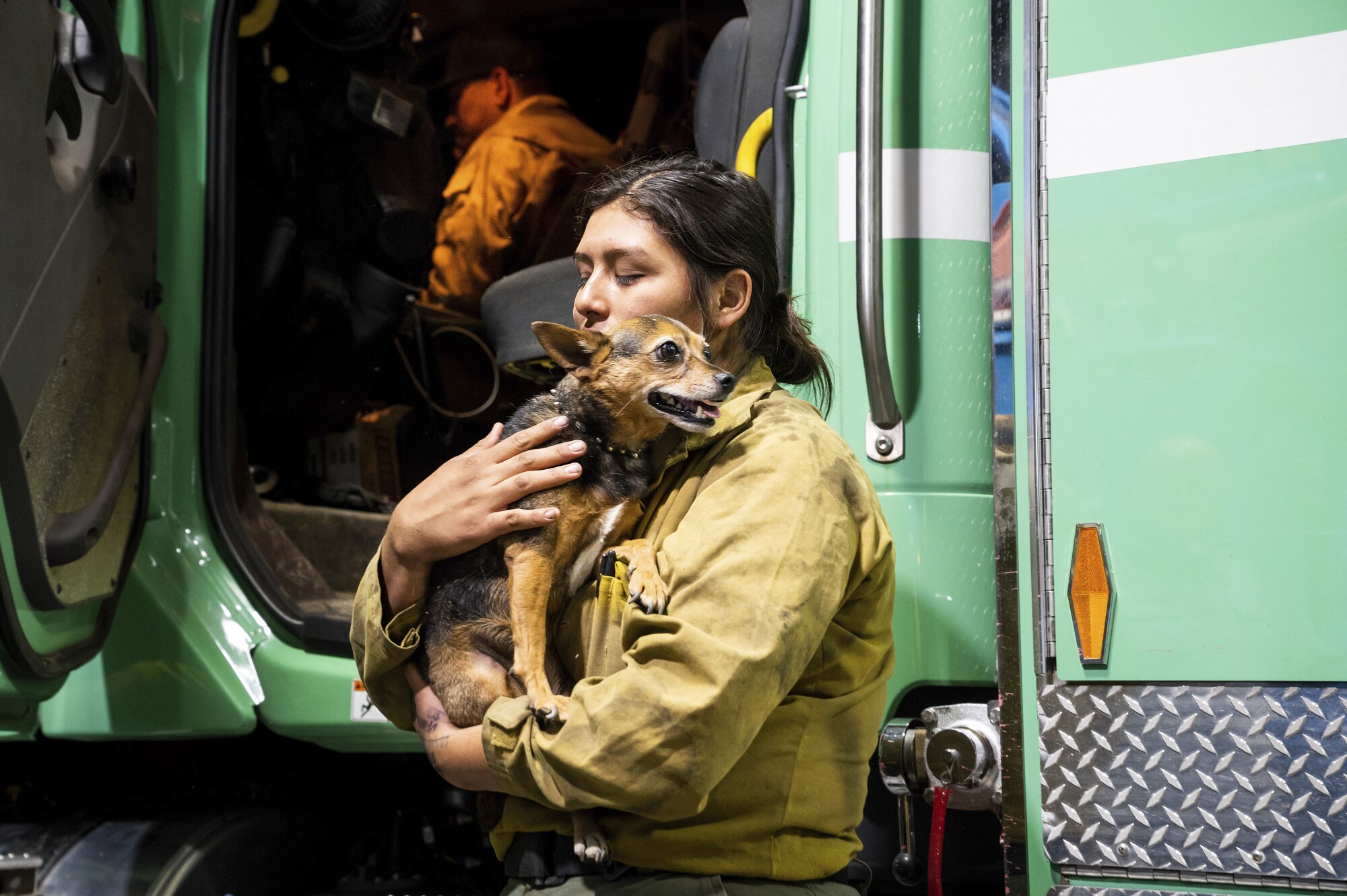 Firefighter holds a dog