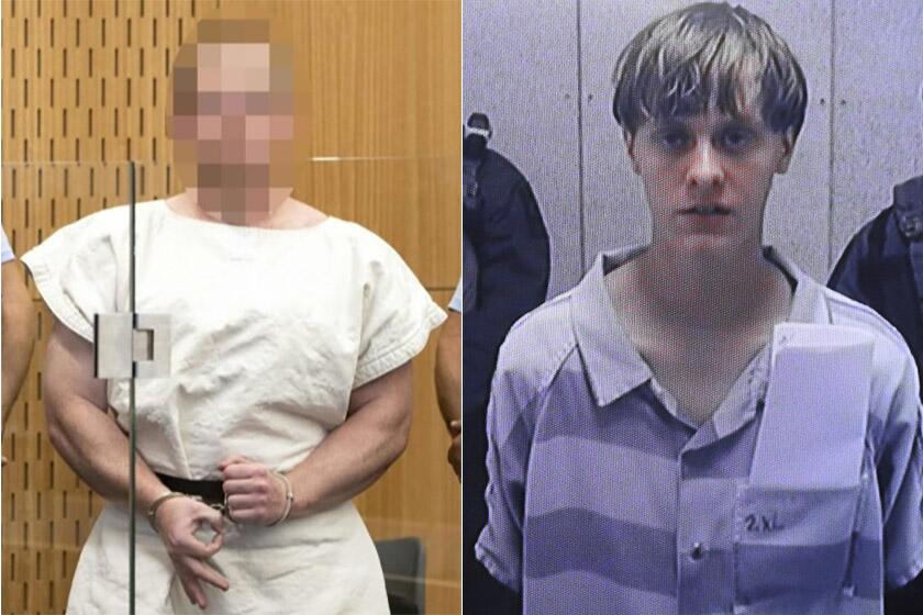 Brenton Tarrant, left, an Australian man charged with killing 51 people at mosques in New Zealand, flashes the "OK" symbol during a courtroom appearance in March. At right, Dylann Roof, who shot and killed nine black people in 2015 at a church in South Carolina, sports a "bowlcut" during a bond hearing.