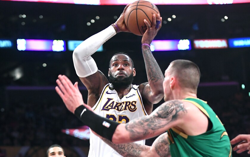 Lebron James And Anthony Davis Lead Lakers Win Over Celtics Los Angeles Times