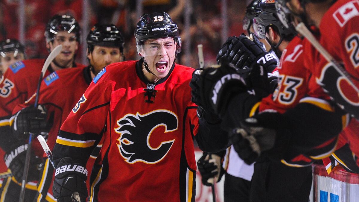 Calgary Flames forward Johnny Gaudreau celebrates with his teammates after scoring during Game 3 of the Western Conference semifinals against the Ducks last Tuesday.