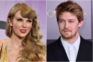A split image of Taylor Swift smiling with red lipstick, and Joe Alwyn posing in a black suit