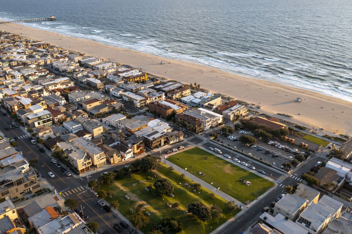 Aerial shot near the shore of Bruce's Beach