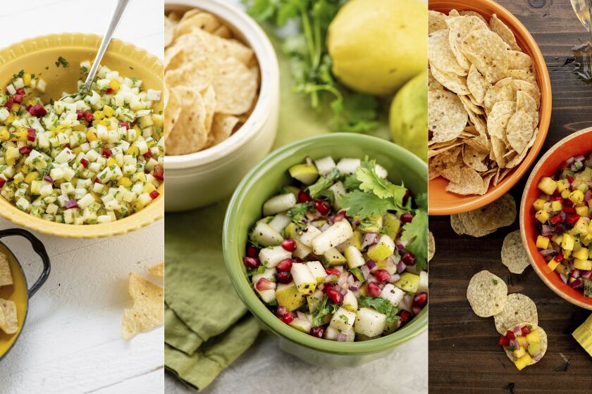 This combination of photos show salsa recipes, from left, pineapple mint jalapeno, spice pear and cilantro, and tropical fruit. (Cheyenne Cohen via AP)