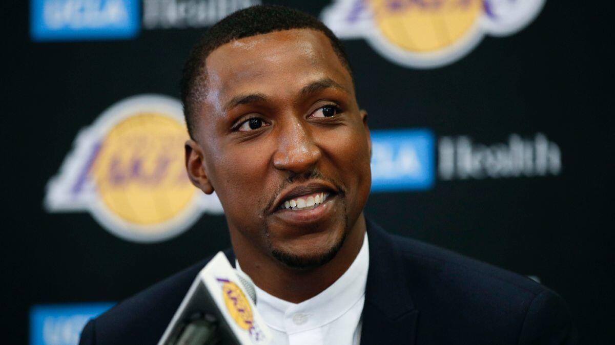 Lakers' Kentavious Caldwell-Pope speaks during a news conference on Tuesday.