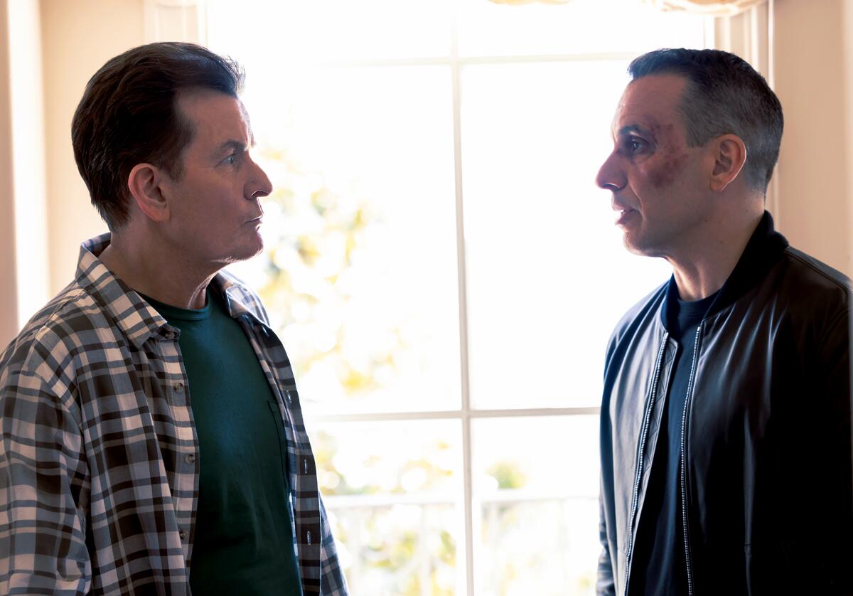 Actors Charlie Sheen, left, and Sebastian Maniscalco in a scene from the TV show "Bookie."