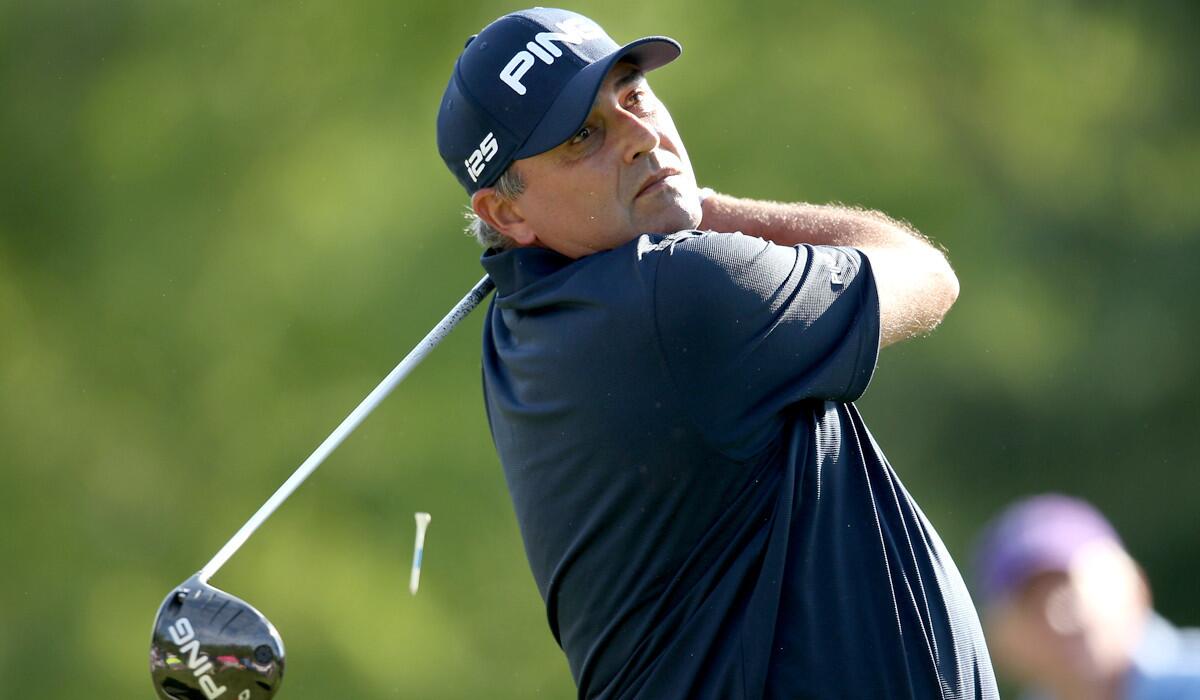 Angel Cabrera tees off at No. 1 on Friday during the second round of the Wells Fargo Championship.