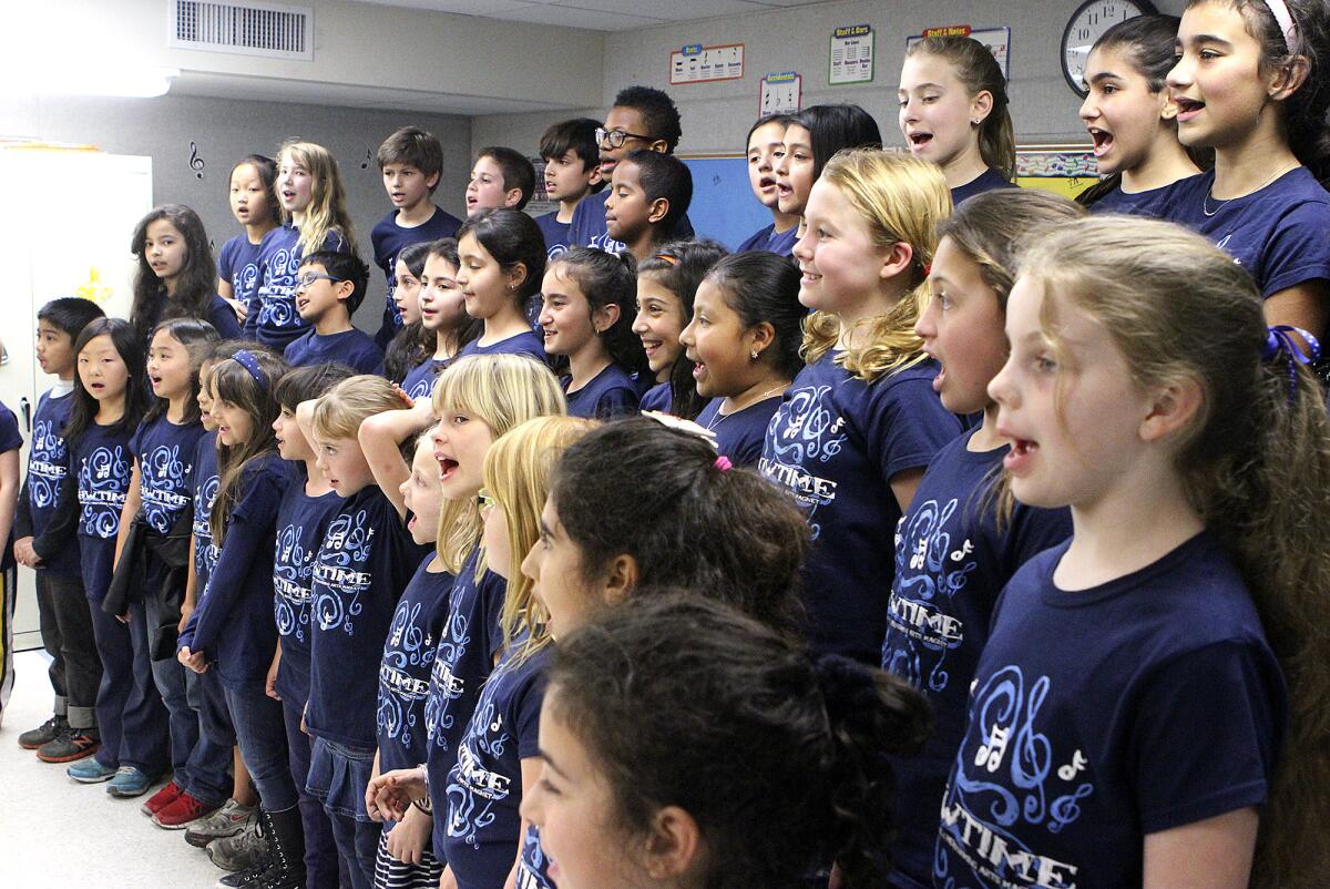 The show choir students of Showtime warm up in their chorus room at Mark Keppel Visual and Performing Arts Magnet School in Glendale on Tuesday, January 28, 2014. This year is the first one for the show choir, and one of only a few elementary school show choirs in the area.