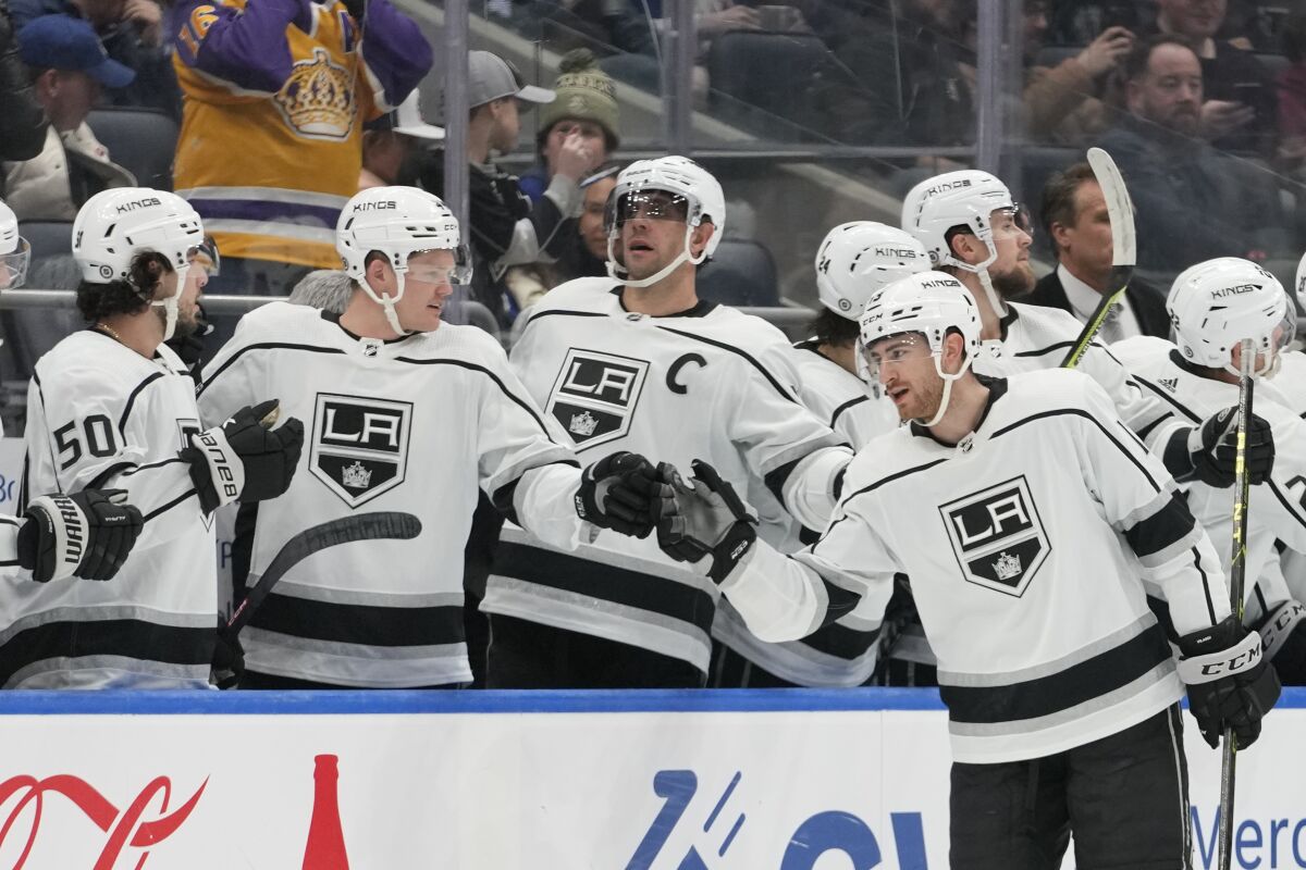 Kings forward Gabe Vilardi, right, celebrates with teammates after scoring in the second period.