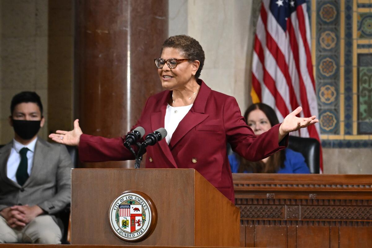 L.A. Mayor Karen Bass speaks at City Hall.