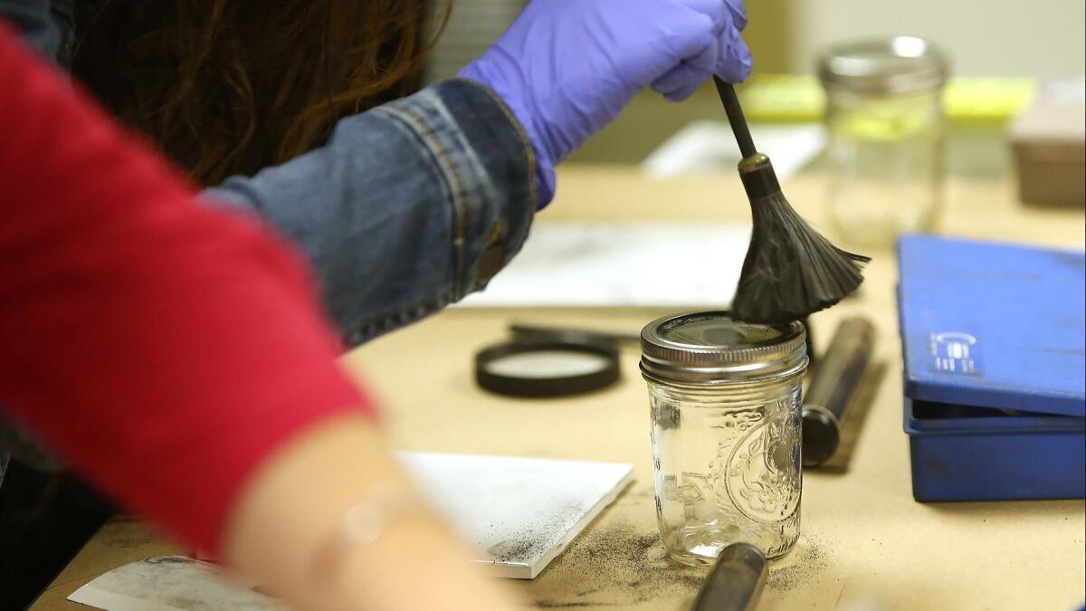 A Costa Mesa Citizens’ Police Academy participant brushes for fingerprints on a glass jar. The academy has returned after being cut in 2015 due to reduced Police Department staffing.