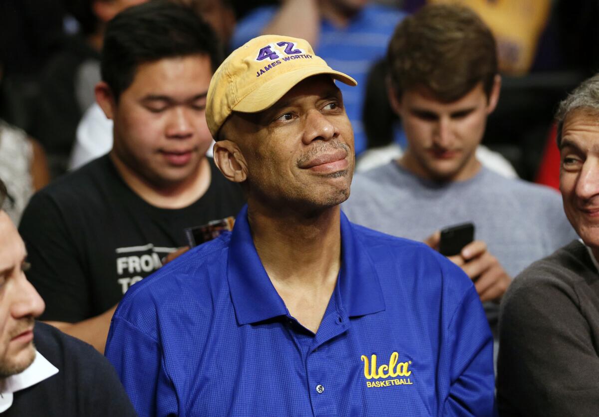 Kareem Abdul-Jabbar attends an NBA game in Los Angeles on April 1, 2014.