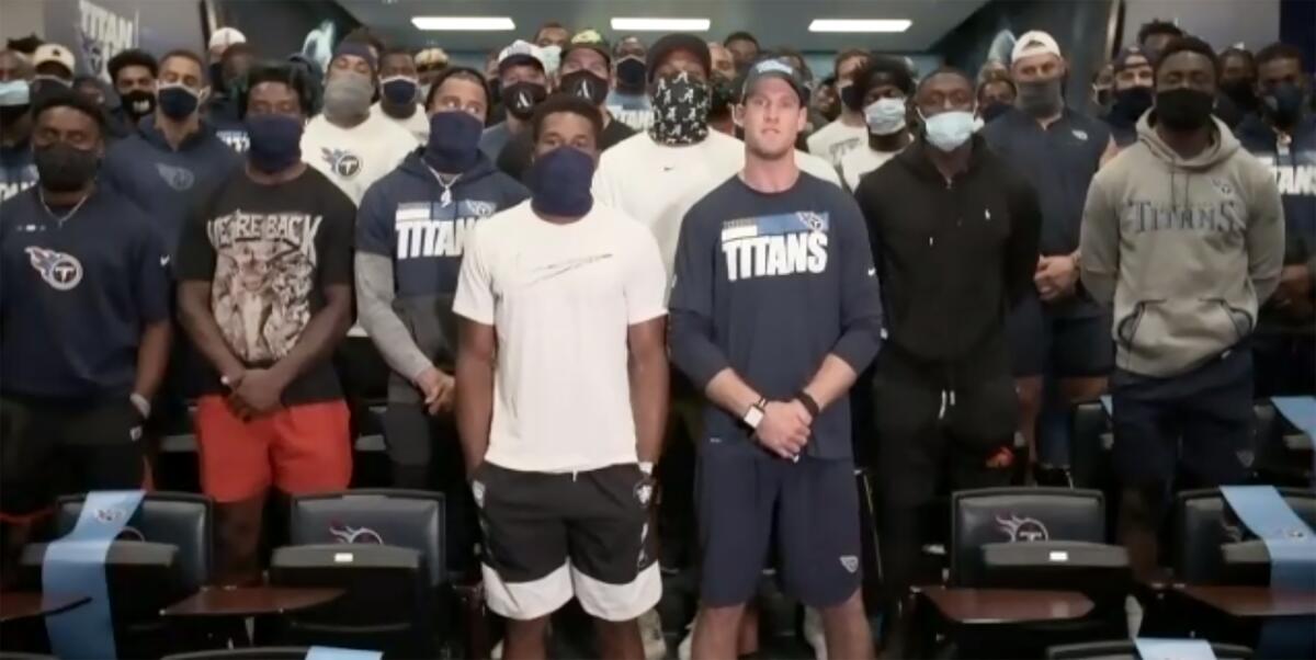In a screenshot from a Zoom call, Tennessee Titans players speak about the decision to cancel practice.