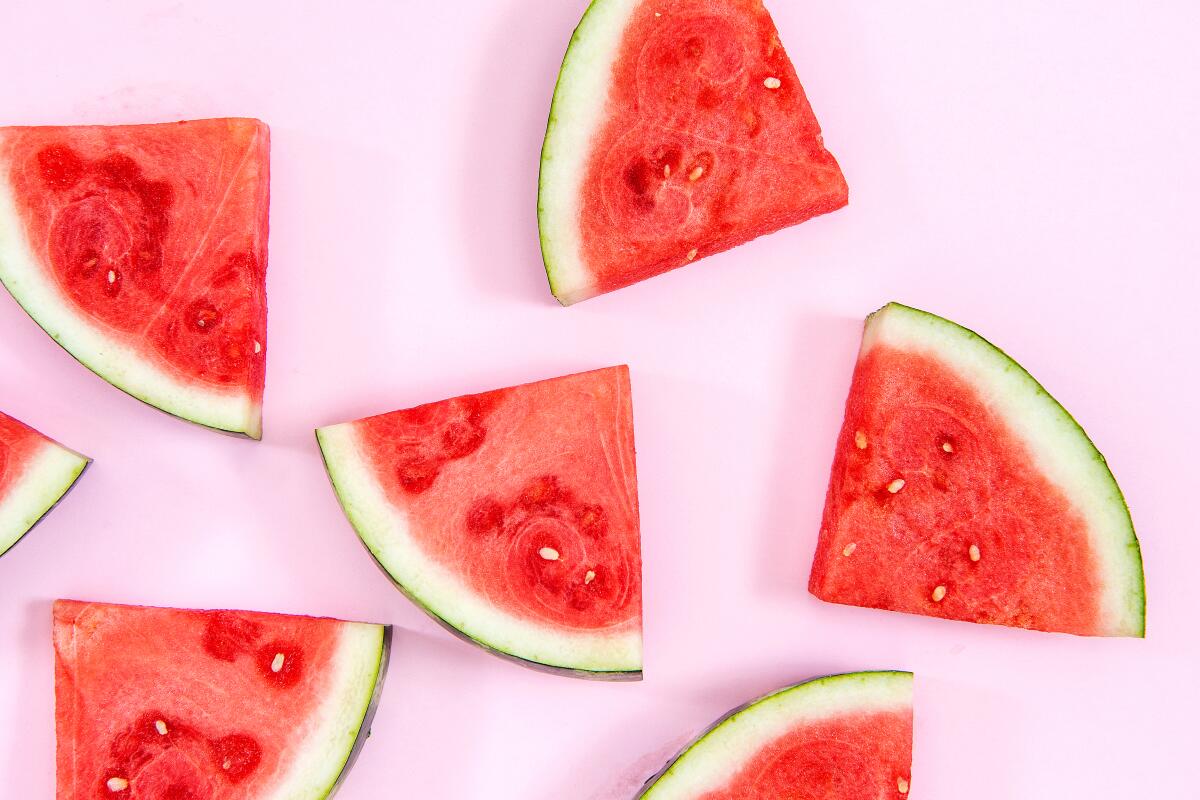 Cut wedges of watermelons in studio on Thursday, Aug. 27, 2020 in Los Angeles, CA.