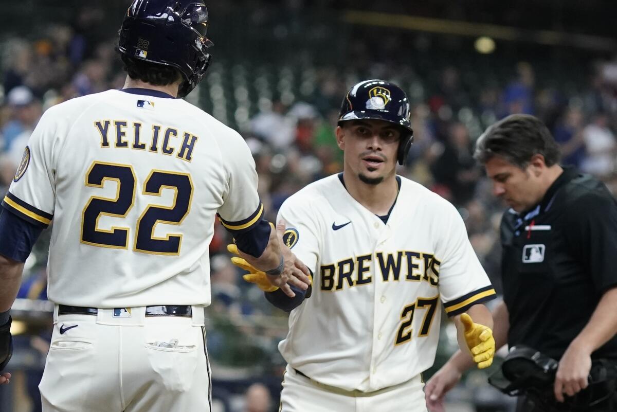 Milwaukee Brewers infielder Willy Adames reacts during an MLB game